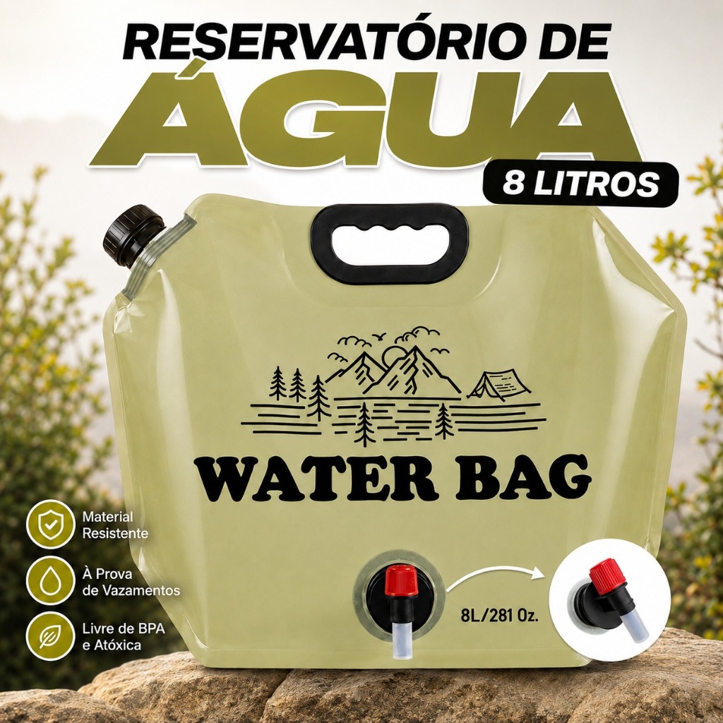 Saco de Água Dobrável 8L com Torneira Reservatório Portátil para Camping Viagem e Sobrevivência