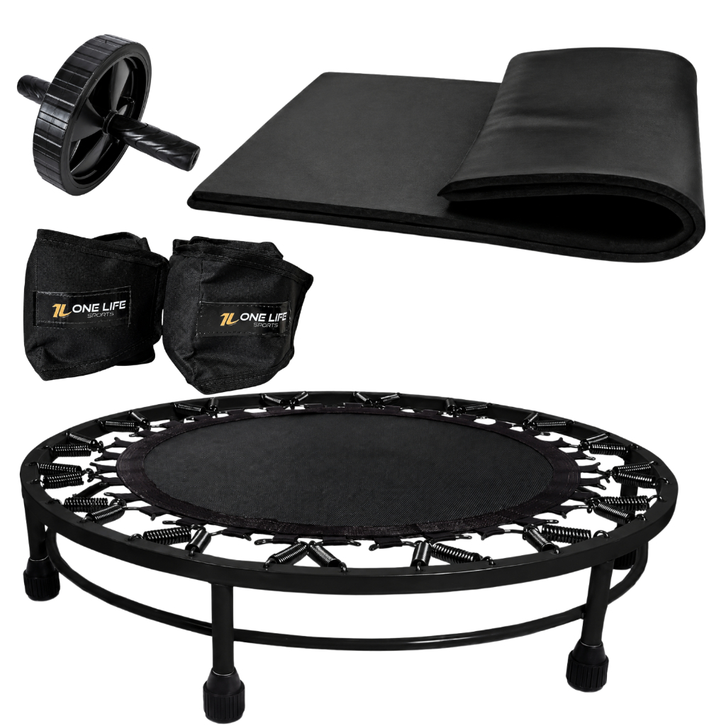 Kit Aeróbico Cross Training | Mini-Jump + Caneleira 3kg + Roda + Colchonete | Trampolim Alta Intensidad