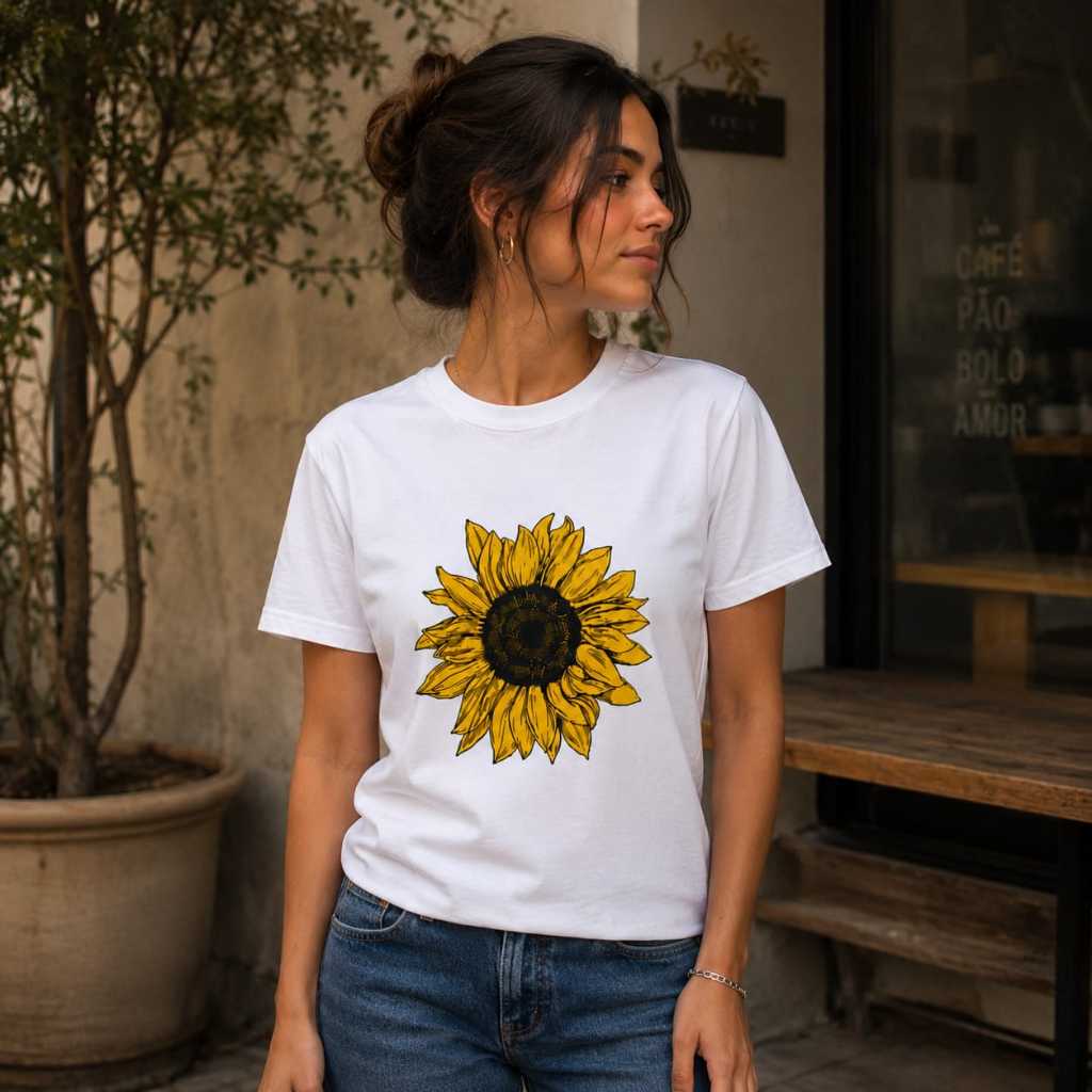 Camiseta Feminina Básica Estampada Girassol Delicada Linha Premium 100% Algodão Confortável Academia