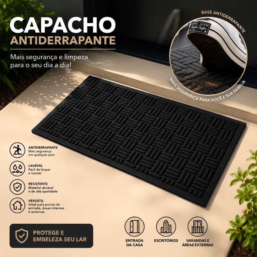 Capacho Tapete Antiderrapante Carpete Porta Entrada Borracha Preto Marca Kururuá