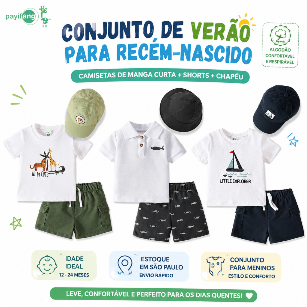 Payifang Conjunto Bebê Menino 3 Peças Verão 12-24 Meses Roupa Infantil Algodão Camiseta Short Chapéu Estampado