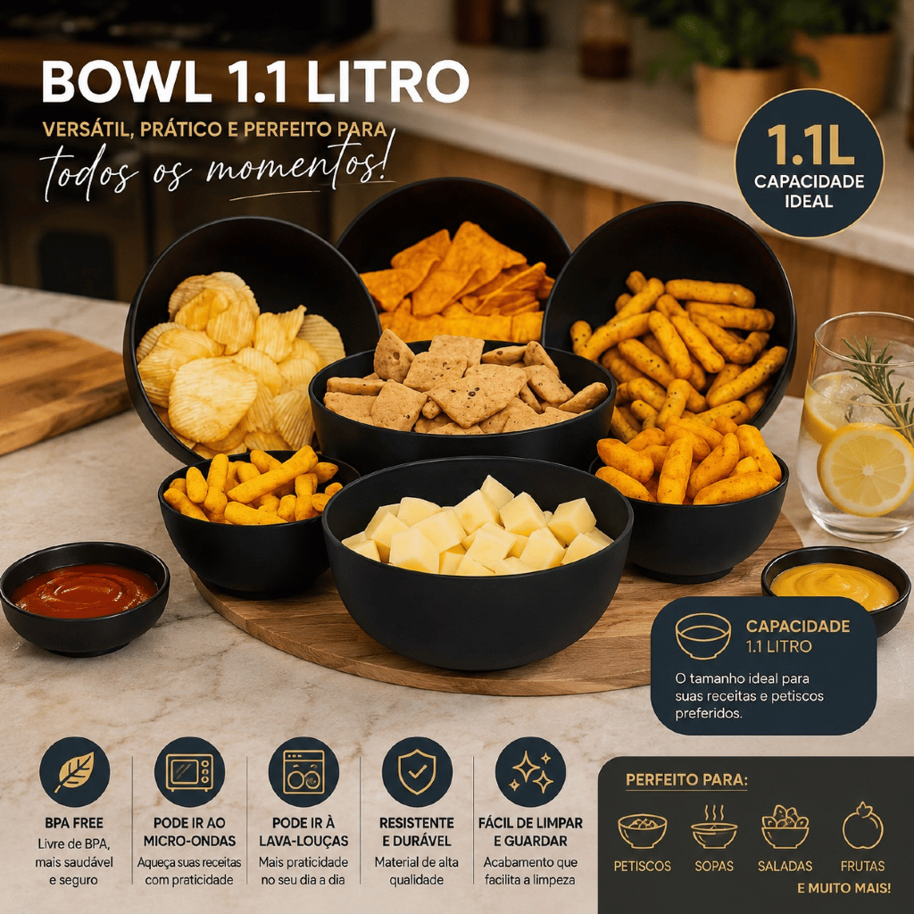 Kit 6 Cumbucas Bowl Plástico 1100 ML - Microondas Lava-Louças Reutilizável Petiscos