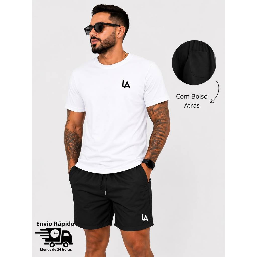 Kit Camiseta Masculina Básica  + Short Tactel Masculino com Bolso Conjunto Casual Academia Praia Verão