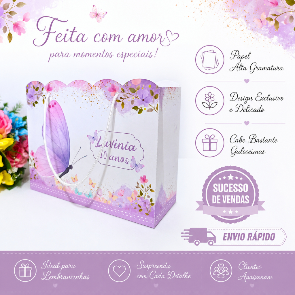 Sacolinha Surpresa Jardim das Borboletas lilas Personalizado  Lembrancinha Aniversário Festa Infantil