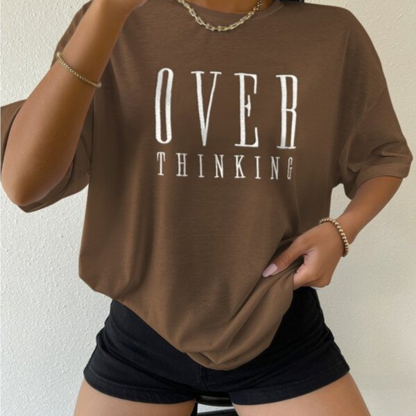 Camiseta Feminina Oversized Over Thinking estilo de Rua Largo Academia 100% Algodão 30.1 Corte Reto