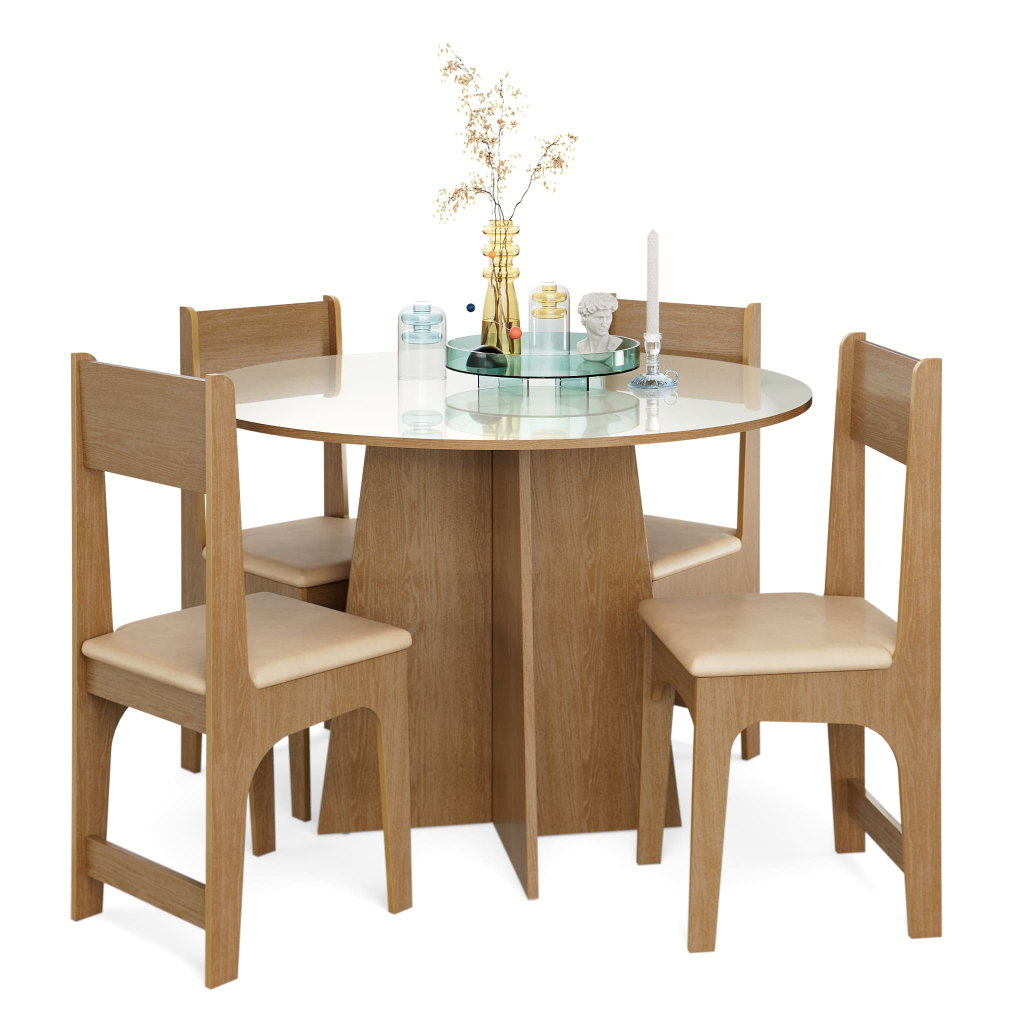 Conjunto Sala De Jantar Completa Com 4 Lugares Cadeiras Estofadas Mesa Redonda Semelhante a Vidro Compacta Cindy