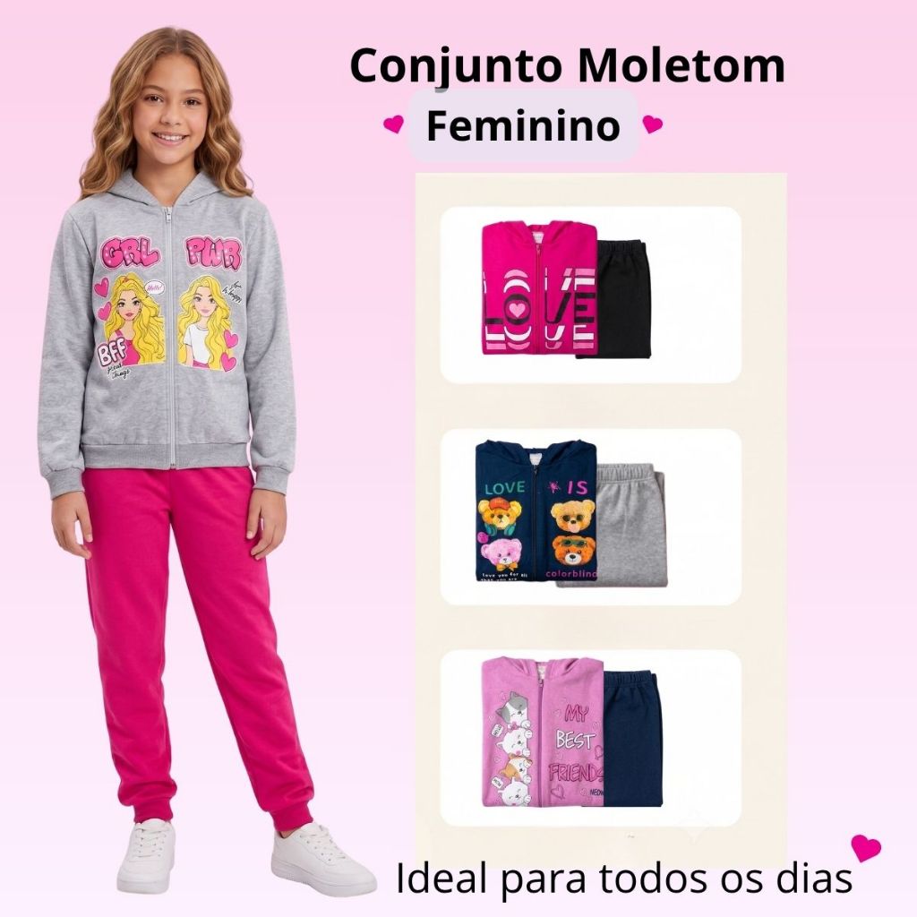 Conjunto Moletom Juvenil Feminino Infantil Menina Casaco e Calça Roupa Zíper Capuz Inverno Casual