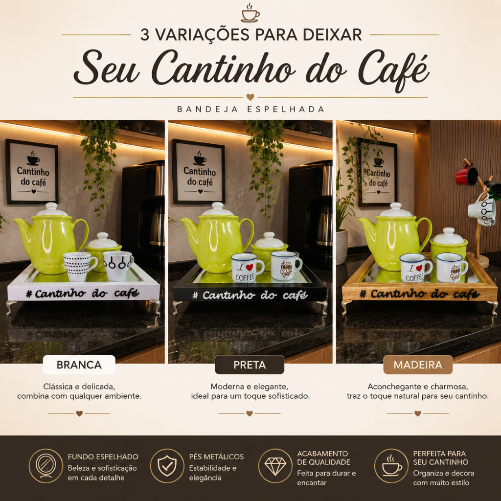 BANDEJA CANTINHO DO CAFÉ COM PÉS DE METAL E ESPELHO 20X30cm · foto 2