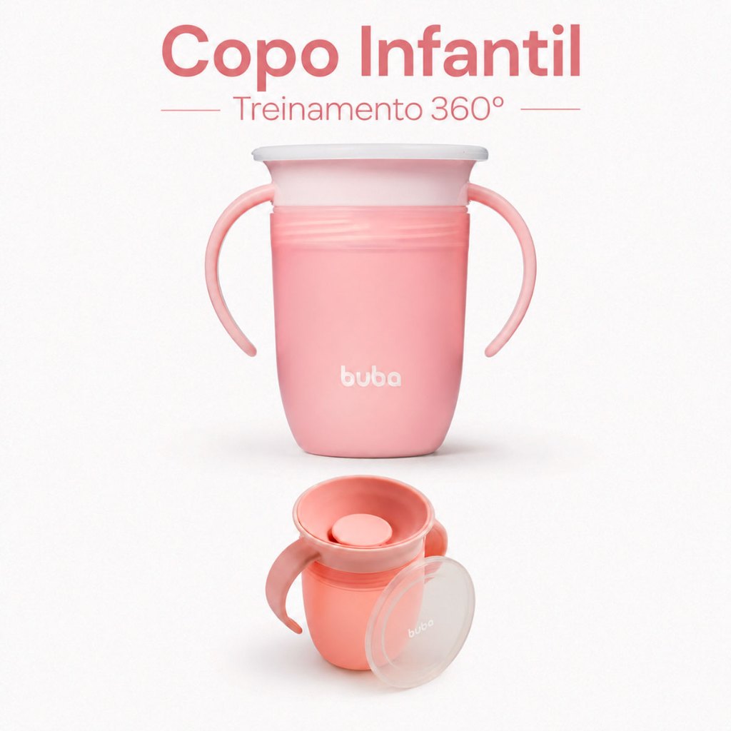 Copo Infantil Treinamento 360º Válvula Antivazamento Com Alça Buba 210ml Rosa