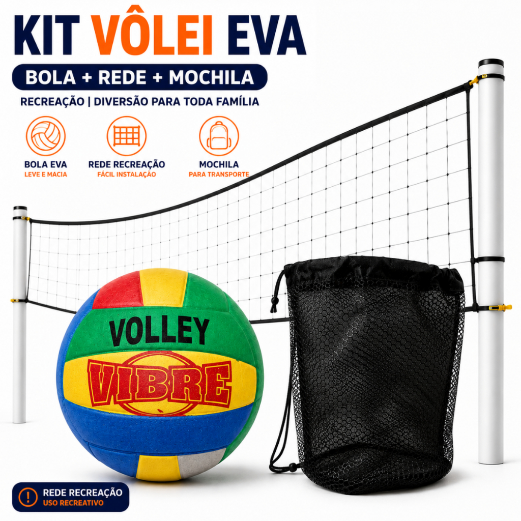 Kit Volei Rede e Bola em Eva Lazer Recreação Quadra Praia Campo Piscina