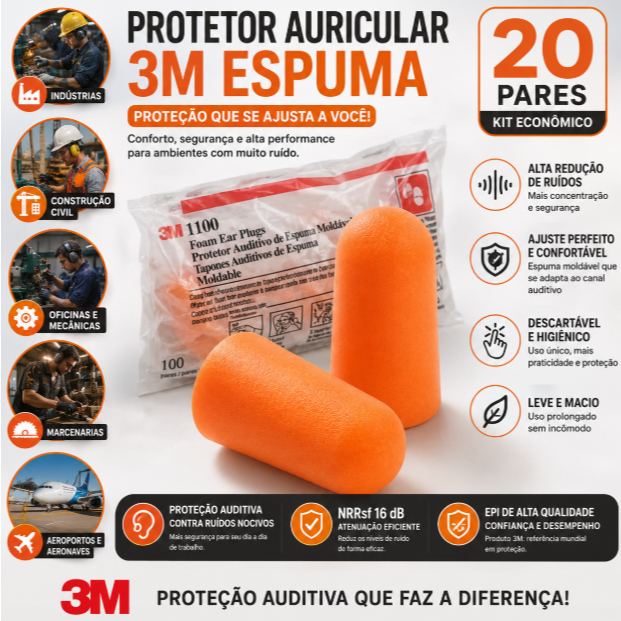 Imagem kit Protetor Auricular 3M Espuma 20 Pares Abafador de Ruído Plug de Ouvido EPI Proteção Auditiva