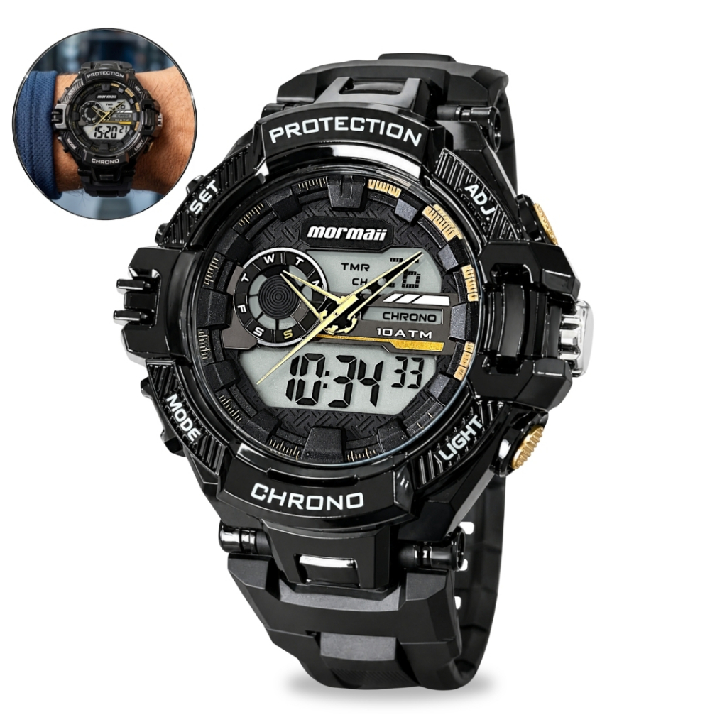 Relógio Mormaii Anadigi Masculino Esportivo Preto Display Positivo Visor Noturno Prova d'água 100 Metros Original
