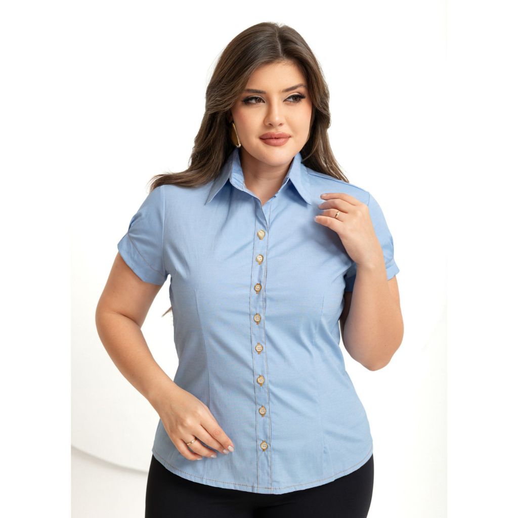 Camisa Camisete Manga Curta Tons de Jeans Plus Size| Moda Evangélica | Moda Feminina | Moda Secretária