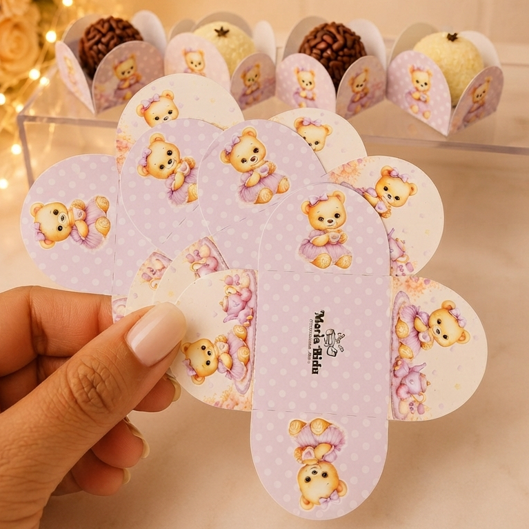 150 Forminhas de Doces Chá de Bebê Ursinha Lilás Personalizado Lembrancinha de Festa Aniversário