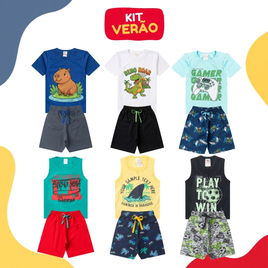 Roupa Infantil Menino Kit 4 Peças Verão Masculino 2 Camisetas + 2 Bermudas Taman