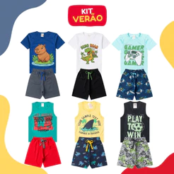 Kit Sortido 4 Peças Roupa Infantil Menino Verão Conjunto Masculino Premium Algodão 2 Camisetas + 2 Bermudas