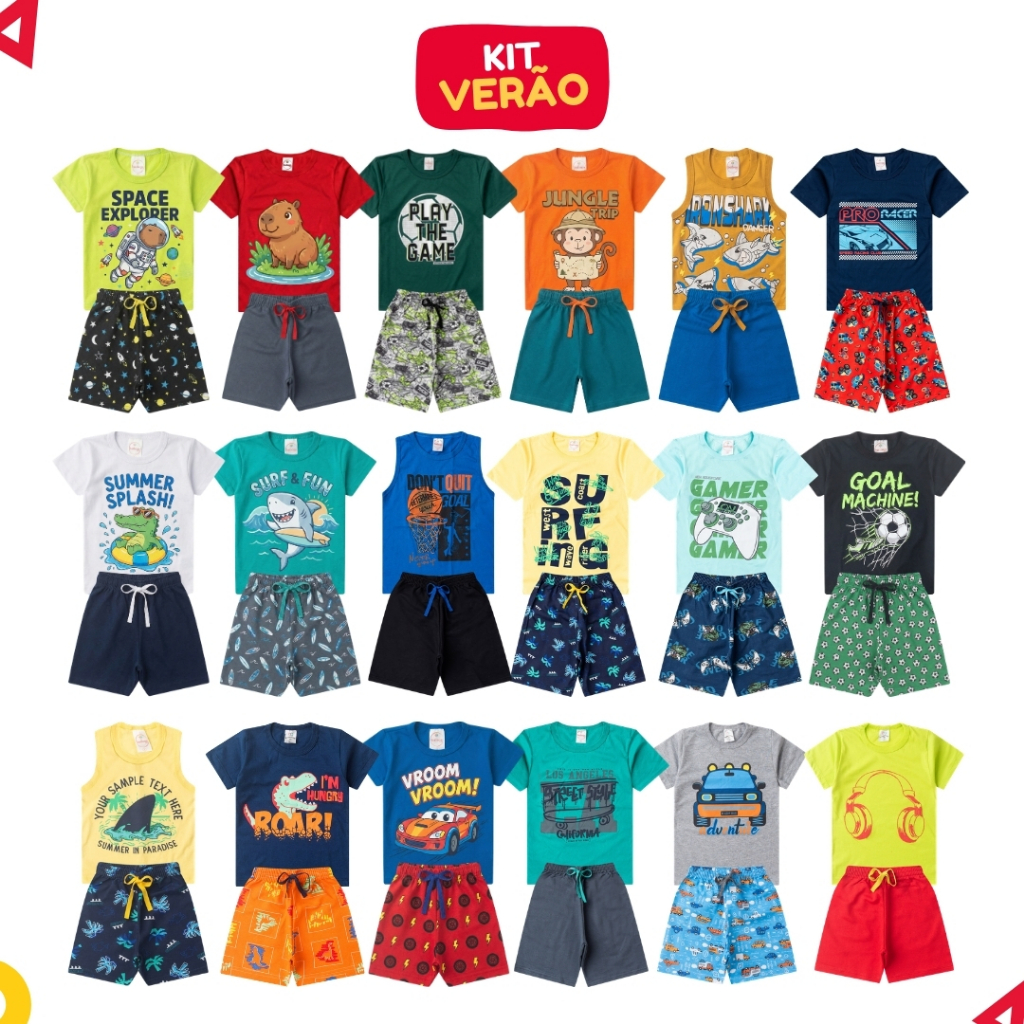 Kit 12 Peças Roupa Infantil Menino Verão Conjunto Masculino 6 Blusas + 6 Shorts Tamanho 1 ao 14