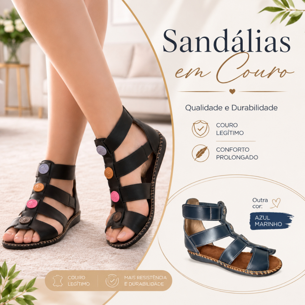Sandália Rasteira Feminina Couro Legítimo Gladiadora Romana Tiras Leve Macia Velcro - CARLA 117
