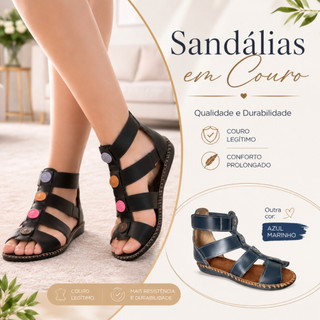 Sandália Rasteira Feminina Couro Legítimo Gladiadora Romana Tiras Leve Macia Velcro - CARLA 117