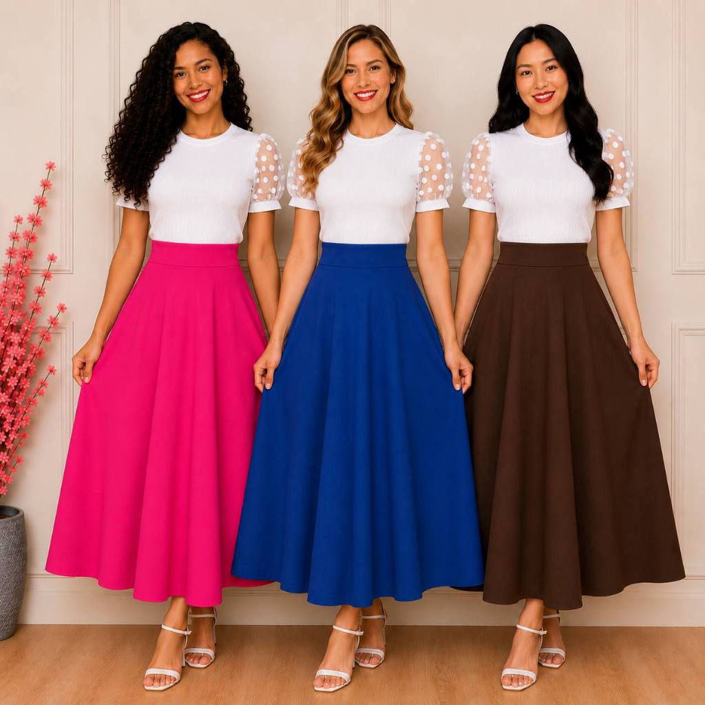Saia Antonella Max Midi Godê SOB ENCOMENDA!! Longa Rodada Feminina Midi Moda Evangélica Várias Cores Lisa Lançamento Cri