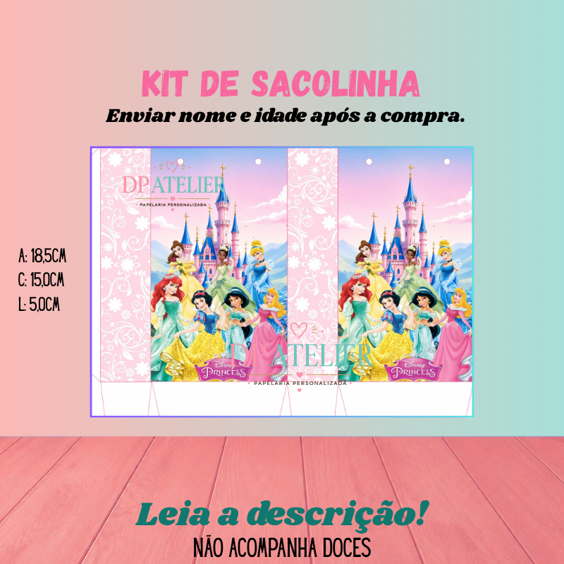 Sacolinha Personalizada Festa Infantil | Sacola Surpresa Lembrancinha | Nome e Idade -Tema: Princesas Disney