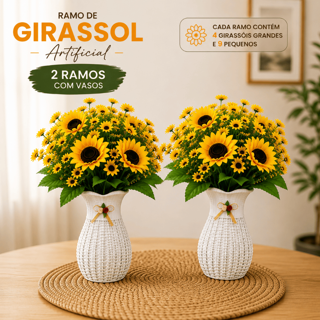 Kit 2 Ramos de Girassol Artificial Vaso Branco Decorativo Arranjo Floral Realista Moderna Elegante