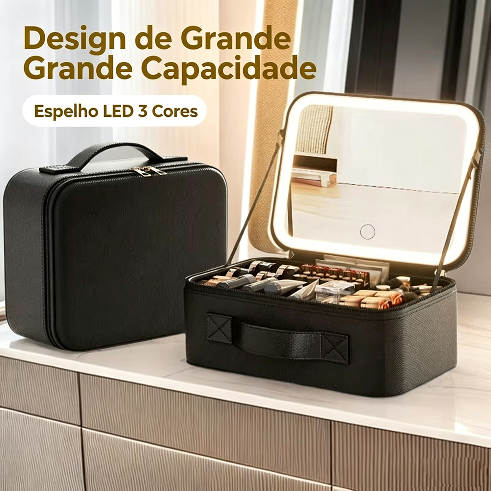 Maleta rígida impermeável espelho LED, amplo espaço para cosméticos em viagens Q10