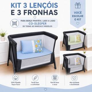 KIT 3 LENÇOL E 3 FRONHAS BERÇO PORTATIL LADO A LADO CO-SLEEPER SIDE BY SIDE OU CO-BED 100% Algodão