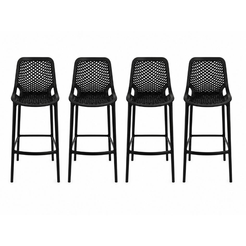 Kit 4 Banquetas Altas para Bancada Cozinha Gourmet - Design Moderno Vazado Preto - Pés Desmontáveis - Suporta 120kg