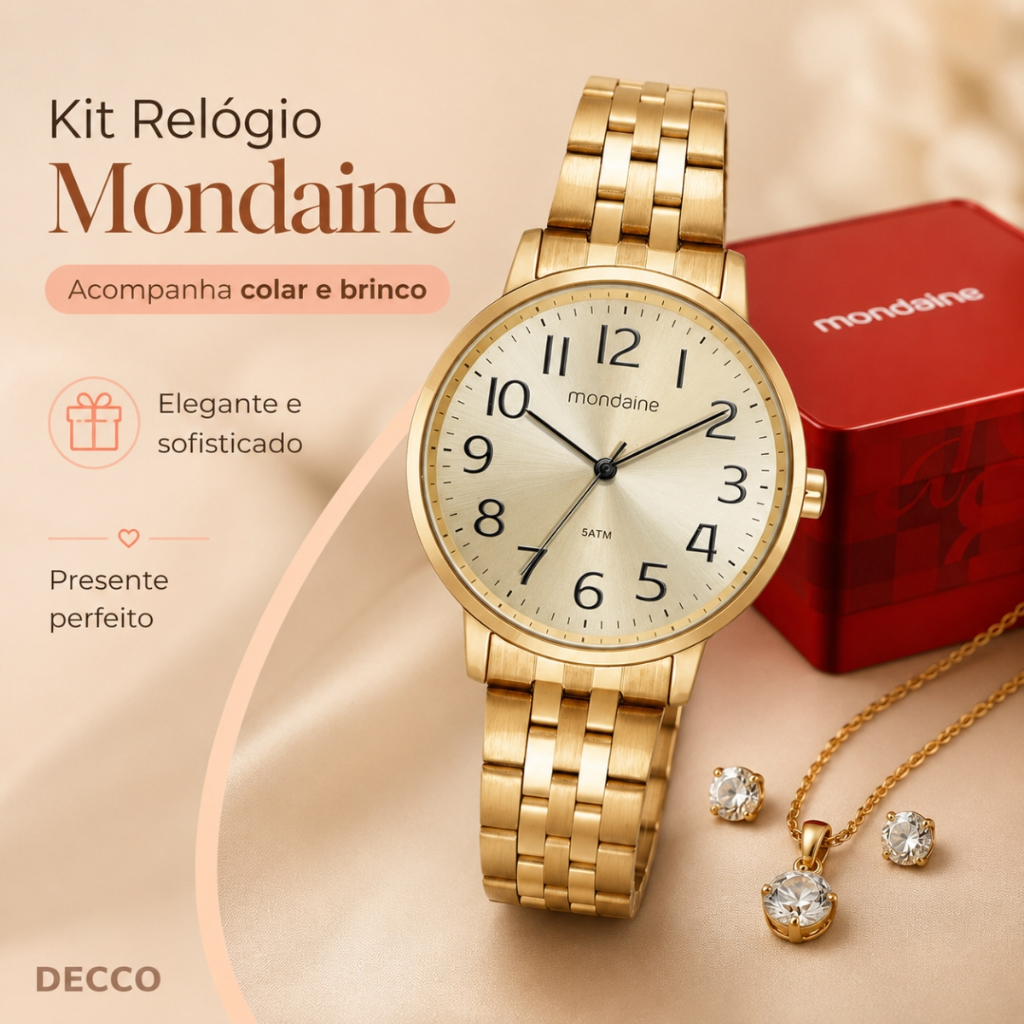 Relógio 40 MM Feminino Mondaine Dourado Analógico Com Colar E Brinco Resistente 