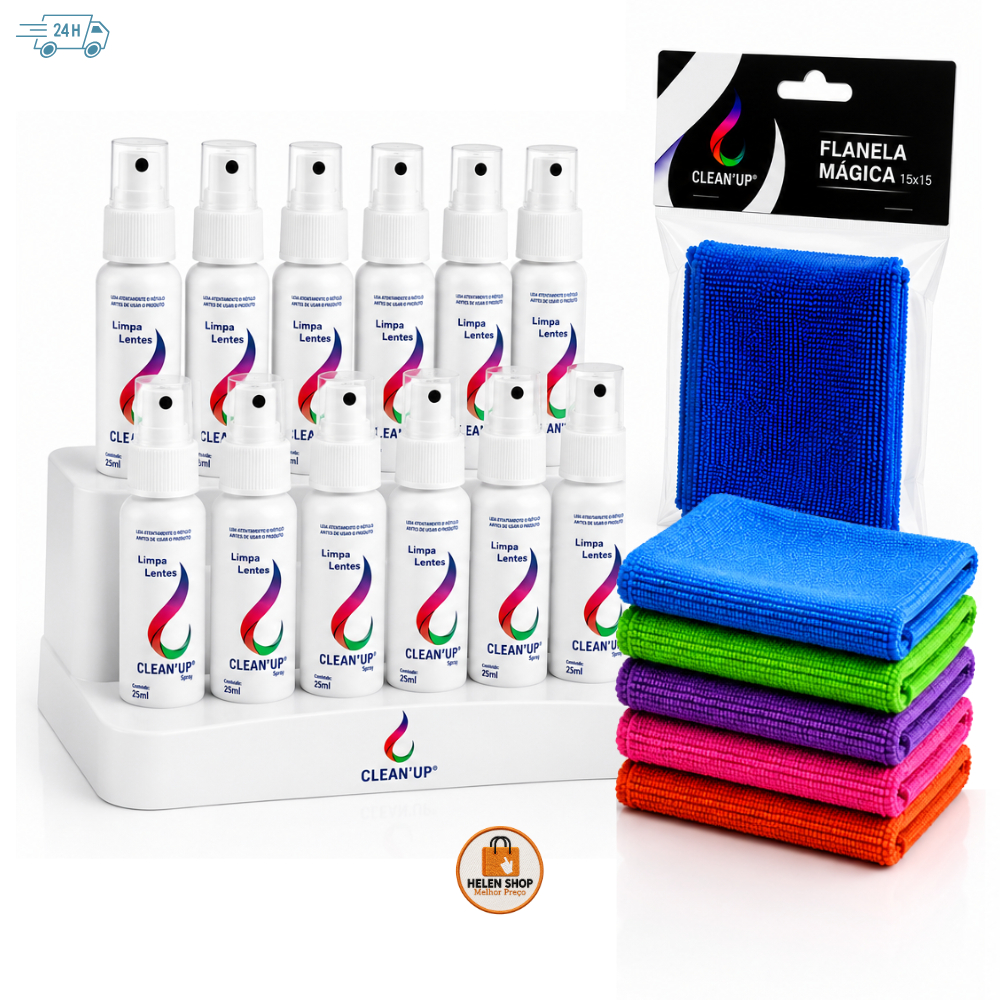 Kits Spray Limpa Lentes 25ml Clean + Flanela de Microfibra Limpeza para Óculos, Celular, Notebook, TV, Monitor e Câmera