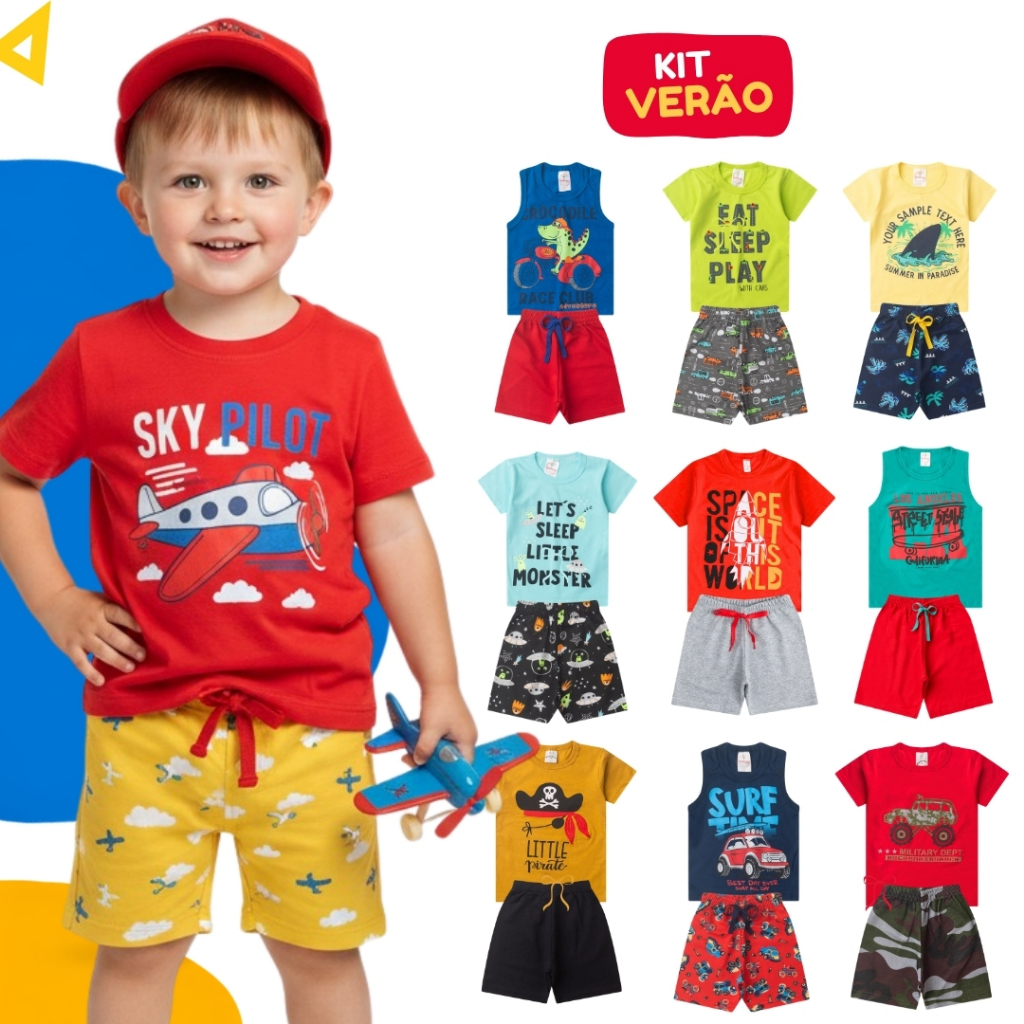 Kit Sortido 8 Peças Roupa Infantil Menino Verão Conjunto Masculino Premium Algodão 4 Camisetas + 4 Bermudas