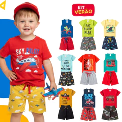 Kit Sortido 8 Peças Roupa Infantil Menino Verão Conjunto Masculino Premium Algodão 4 Camisetas + 4 Bermudas