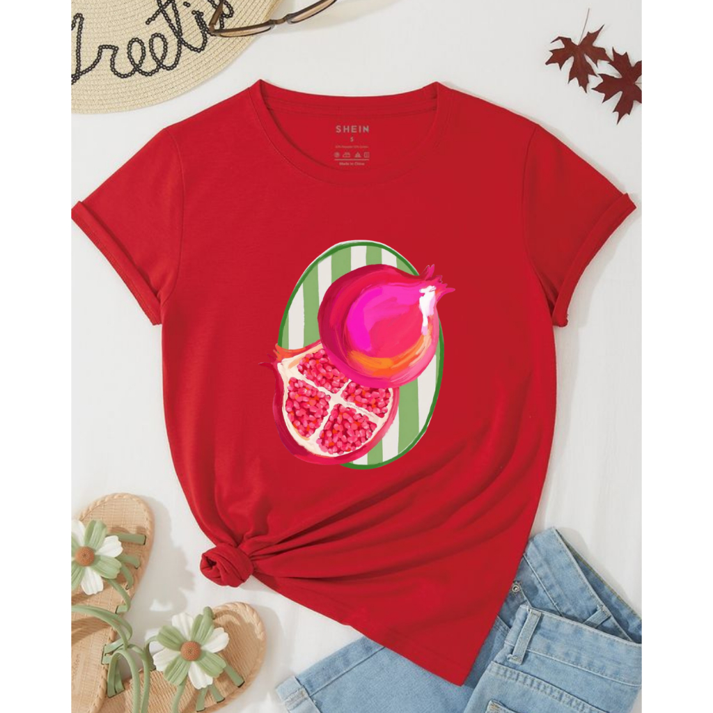 Camiseta Cores Variadas Estampa Romã Moda Feminina 100% Algodão Premium T-shirt Estilosa Casual Confortável