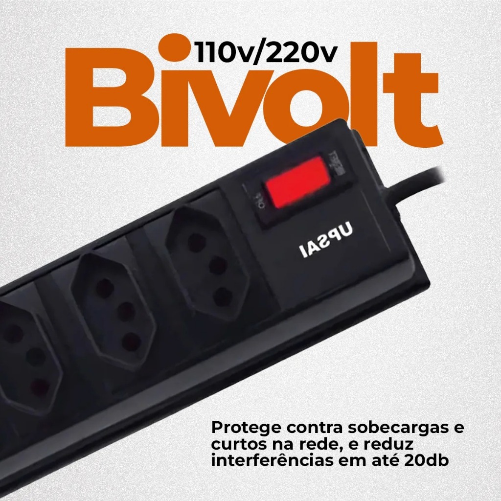 Filtro De Linha Extensao Upsai FL5 5 Tomadas 1,2m Protecao Surtos Sobrecarga Bivolt Audio E Tv