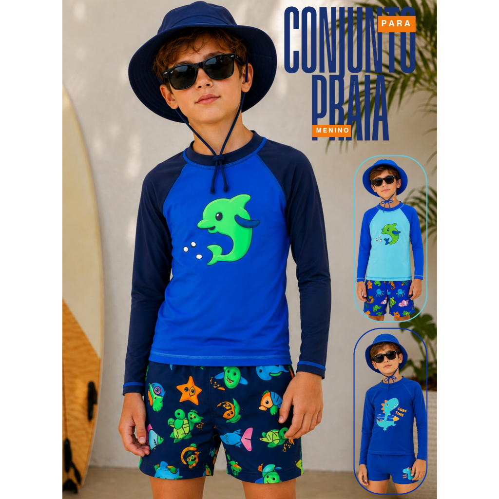Conjunto Verão Menino UV 50+ Sunga Camiseta e Chapéu Praia