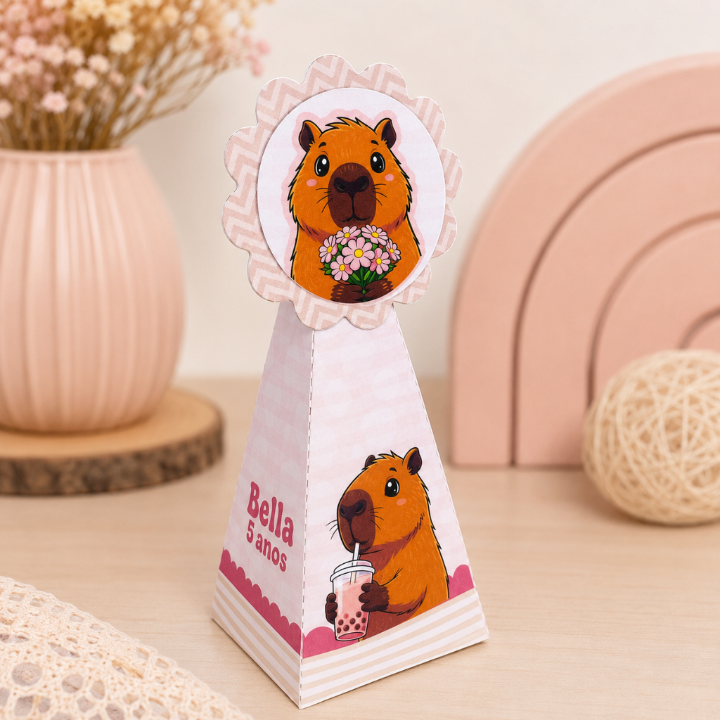 Caixinha Pirâmide Capivara Rosa Personalizada Nome e Idade Lembrancinha Festa Infantil