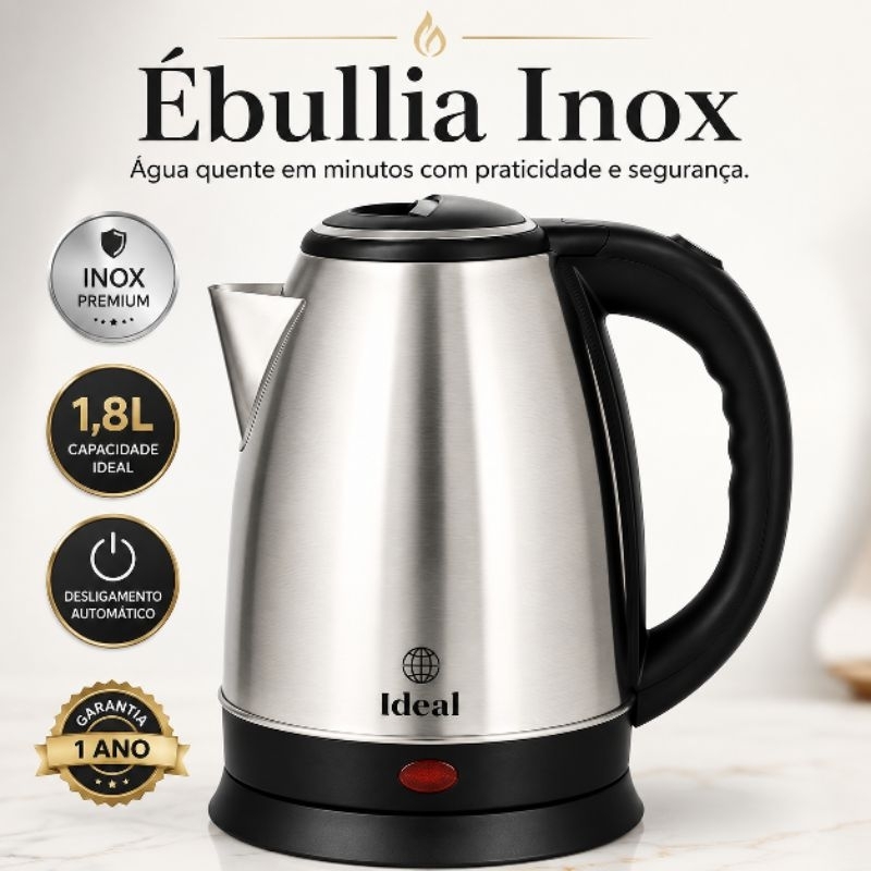 Chaleira Elétrica 1,8L Inox 1000W 127V Aquecimento Rápido Base Giratória 360° Desligamento Automático