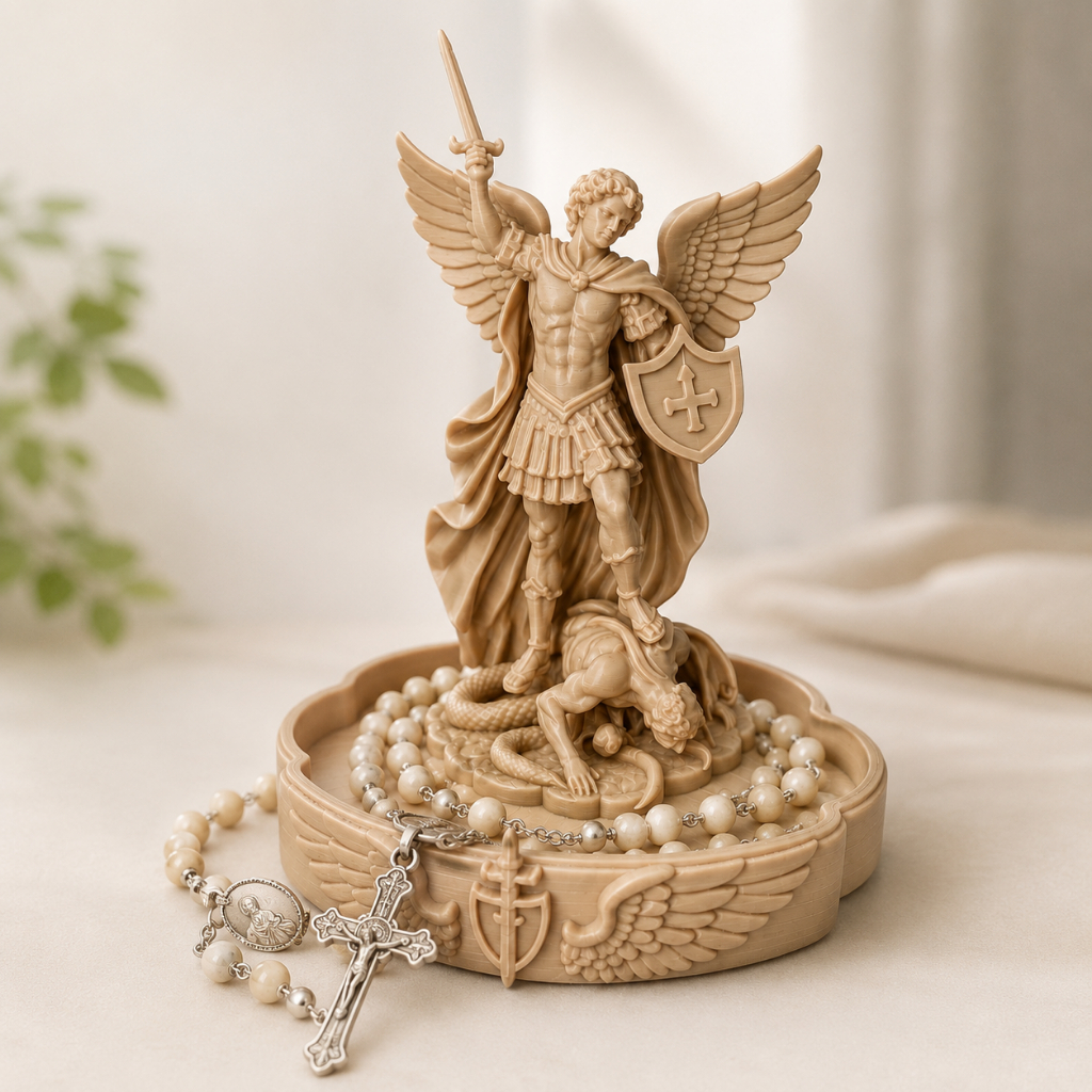 Porta-Terço São Miguel Arcanjo 15 cm em Impressão 3D – Decoração Religiosa e Presente Católico