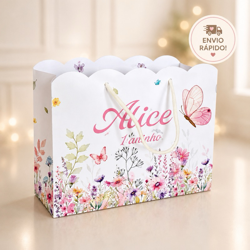 Kit Sacola Papelaria  Personalizada Jardim de Borboletas Sacolinha Lembrancinha Festa Infantil  Envio Rápido