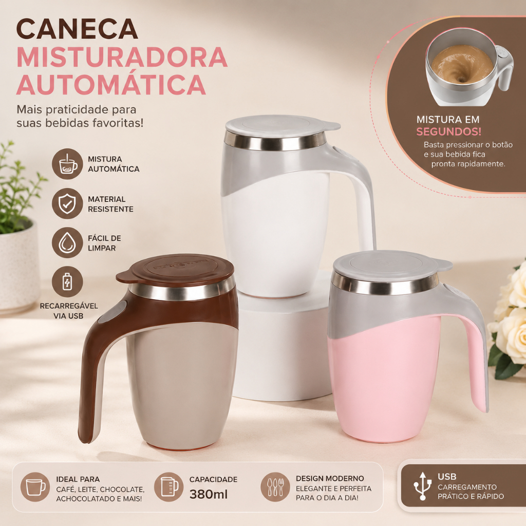 Caneca Elétrica Misturadora Automática 380ml com Bateria Recarregável USB para Café e Bebidas
