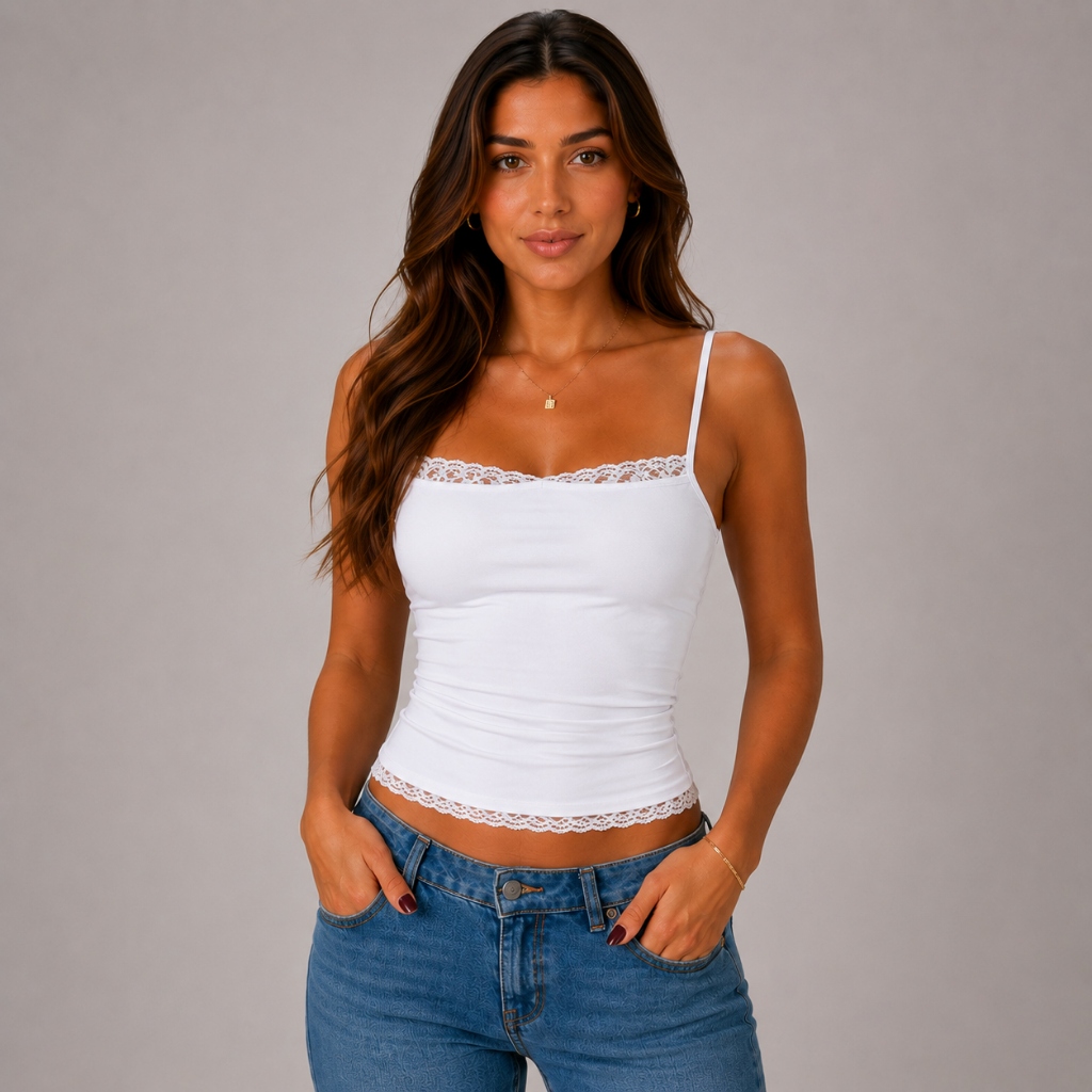 Blusinha Regata Cropped Feminina Suplex com Renda Delicada Moda Blogueira Juvenil