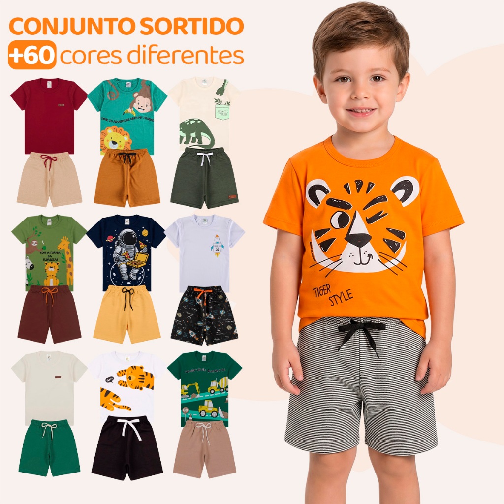 Kit Sortido Interativo 10 Peças de Roupas Infantil Menino Verão (5 Camisetas + 5