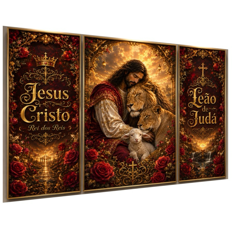 Quadros Decorativos Jesus Cristo Leão e Cordeiro Religioso 3 Peças Decoração Sala Quarto Escritório