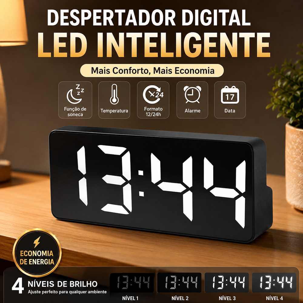 Relógio Led Digital Vidro Com Despertador LED Brilha Calendário Mudo Funcionalidade De Alimentação Dupla