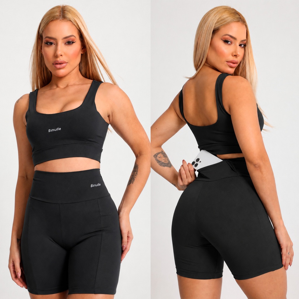 Conjunto Fitness Feminino Poliamida Premium Top Tradicional Com Bojo + Short com Bolso Para Corrida - Zero Transparência