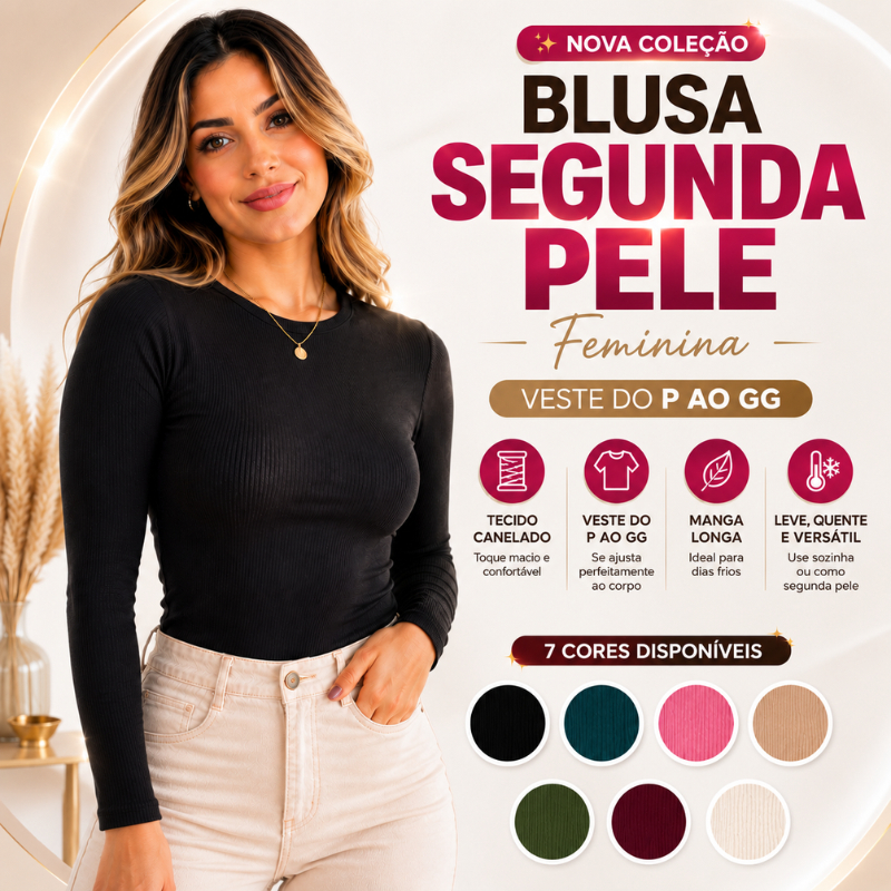 Blusa Segunda Pele Feminina Manga Longa Canelada Inverno P ao GG |4375| Oferta