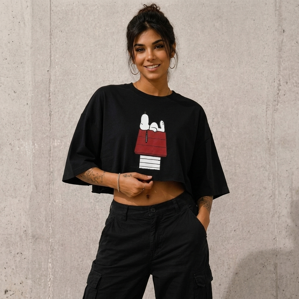 Cropped Feminino Oversized Camiseta Suedine Soltinha Casual Confortável Blusa Feminina Snoopy
