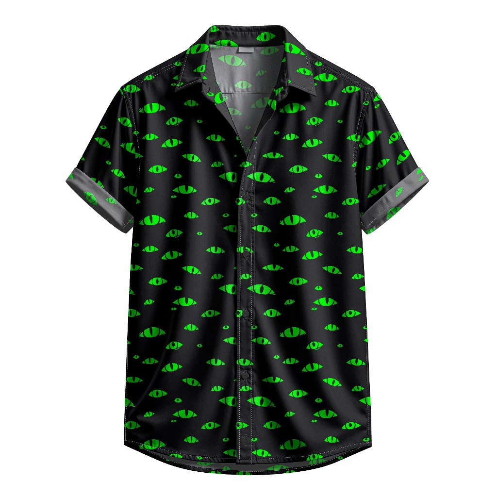 Camisa De Botão Olhos Verdes Neon Fundo Preto [Ref-208]