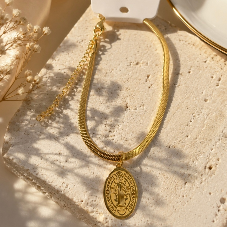 Pulseira Feminina Aço Inoxidável 316L Dourada Medalha São Bento Corrente Cobra Ajustável Antialérgica